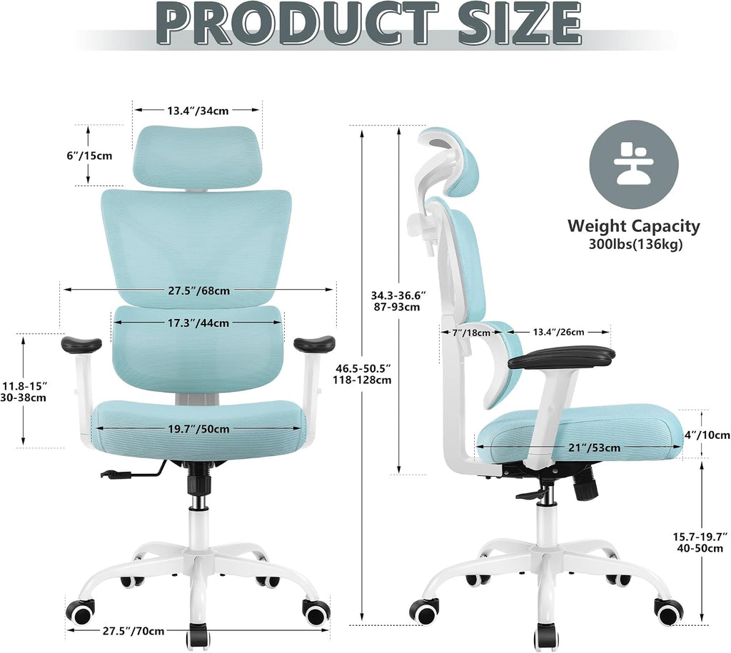 Winrise Big & Tall Ergonomic Reclining Desk Chair - High Back Gaming Chair With Breathable Mesh Seat, Lumbar Support, Adjustable Armrests (Blue)
