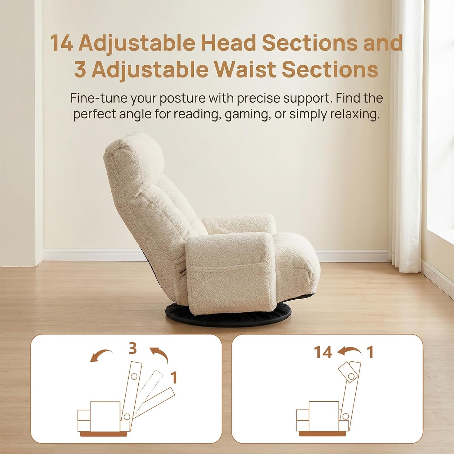 Cozy Gaming Chair Floor Sofa, 360° Swivel Gaming Lounge Chair with Adjustable Backrest & Armrests, Game Chair w/Phone Holder & Side Pocket, Teddy Fluffy Recliner for Bedroom Living Room Dorm (Beige)