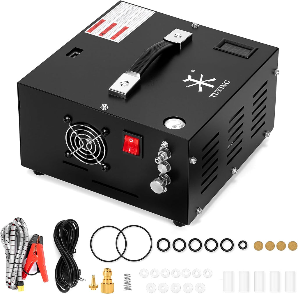 TUXING 4500Psi Pcp Air Compressor | 30Mpa 300Bar High Pressure Air Pump | Oil/Water-Free | Powered by Car 12V DC or Home 110V AC with Converter | Pump for PCP Air Rifle,Paintball Airguns