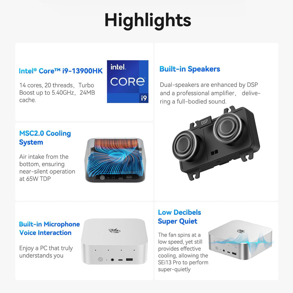 Beelink SEI13 PRO Mini PC - Intel i9 13900HK(14C/20T,up to 5.4GHZ),32GB LPDDR5 1TB PCIe4.0 SSD Mini Computer Supports 4K Triple-Display/AI Chip/Voice Interaction/Dual Speaker/2.5Gbps