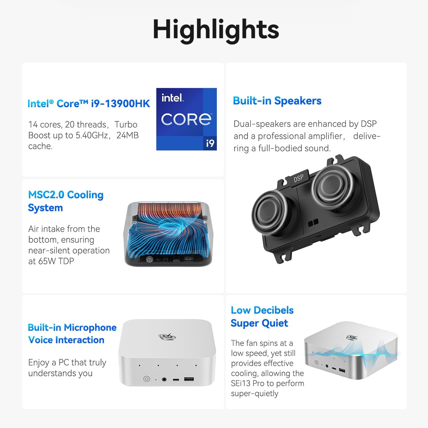 Beelink SEI13 PRO Mini PC - Intel i9 13900HK(14C/20T,up to 5.4GHZ),32GB LPDDR5 1TB PCIe4.0 SSD Mini Computer Supports 4K Triple-Display/AI Chip/Voice Interaction/Dual Speaker/2.5Gbps