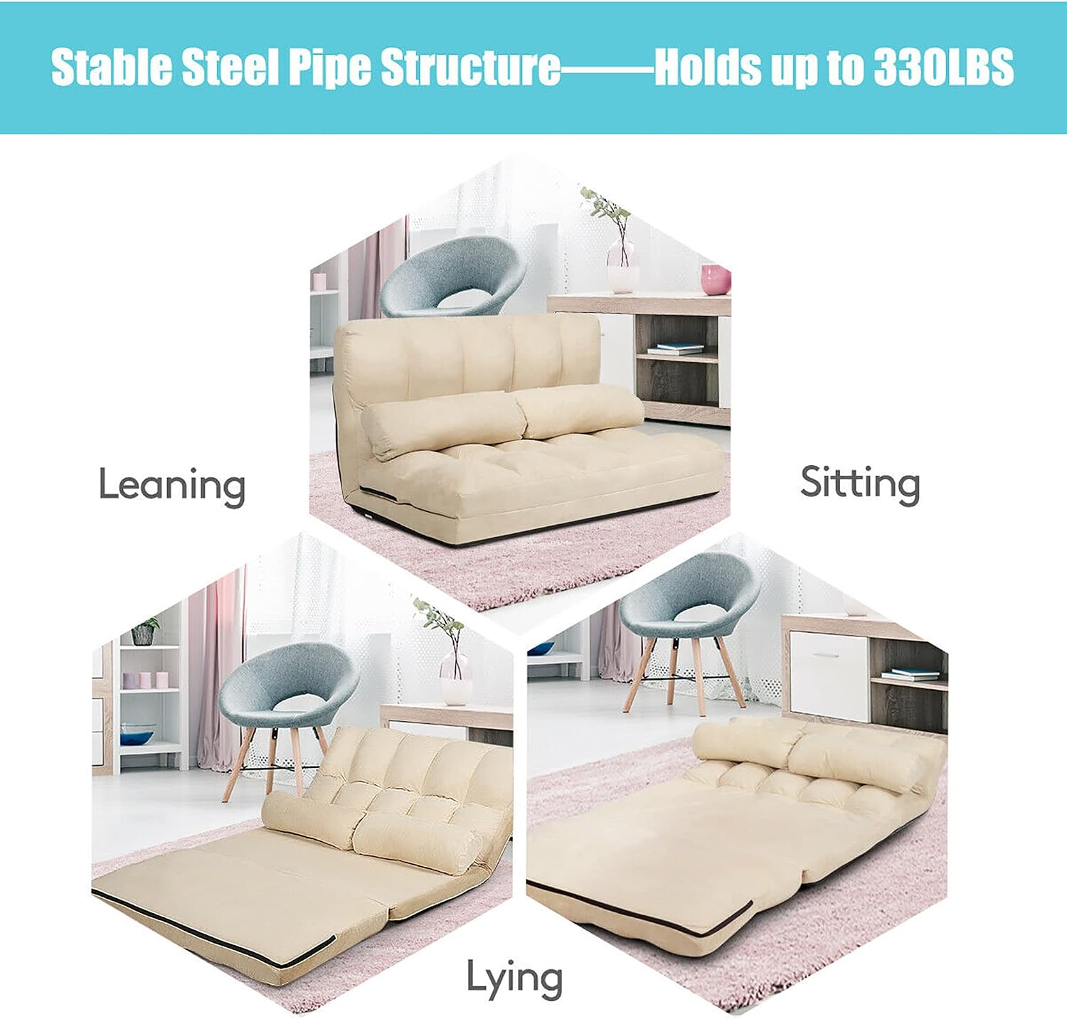 DORTALA Foldable Floor Sofa, 6-Position Adjustable Lounge Couch with 2 Pillows & Suede Cloth Cover, Modern Lounge Mattress Video Gaming Lazy Couch, Suede Floor Seating Sofa, 71' x 44.5', Beige