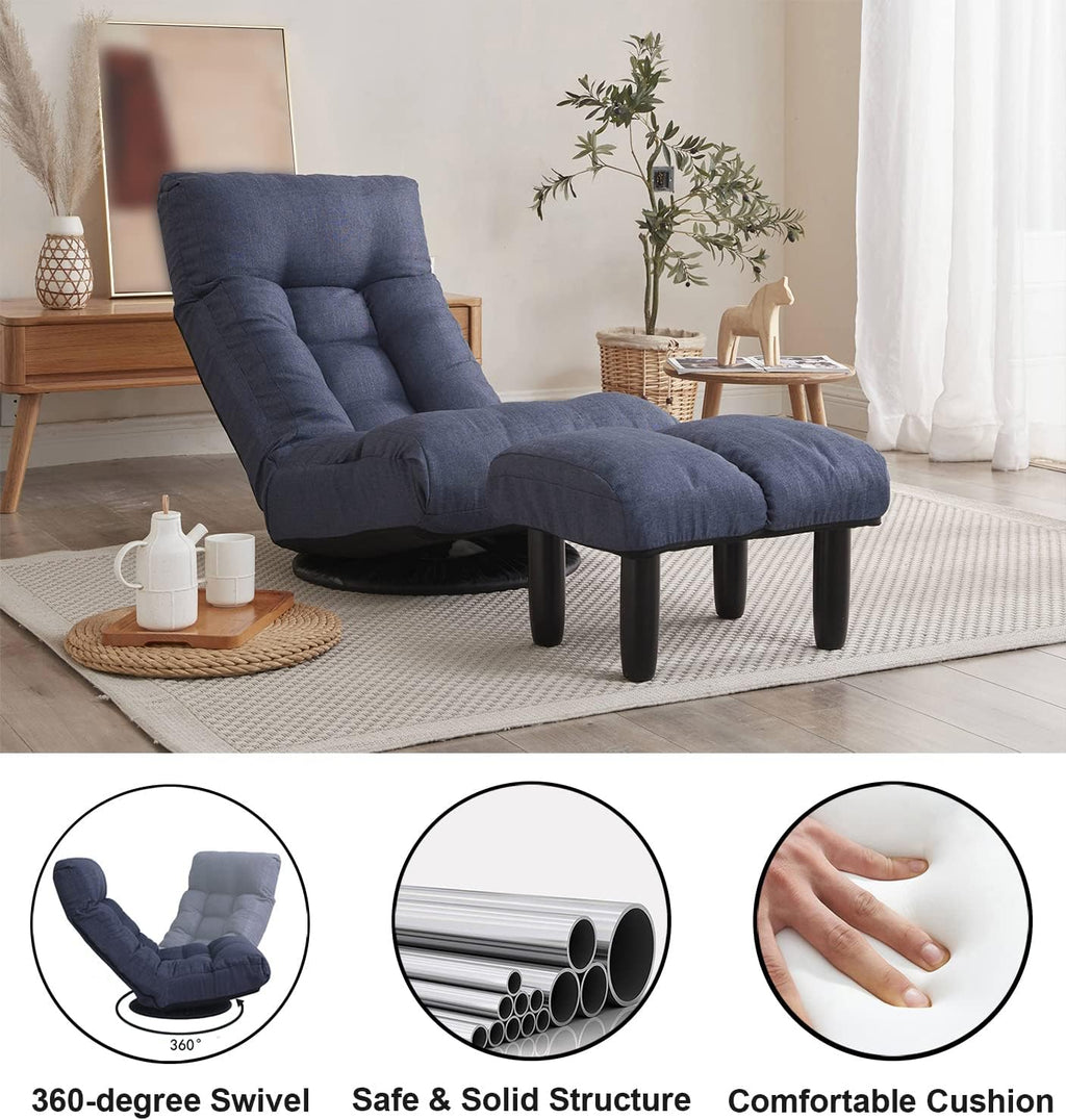 SLEERWAY 360-Degree Swivel Gaming Chair, Foldable Floor Chair with Adjustable Backrest, Cushion Padded Indoor Chaise Lounge, Lazy Sofa Couch Rocker Gaming Chair for Teens and Adults (Navy Blue)
