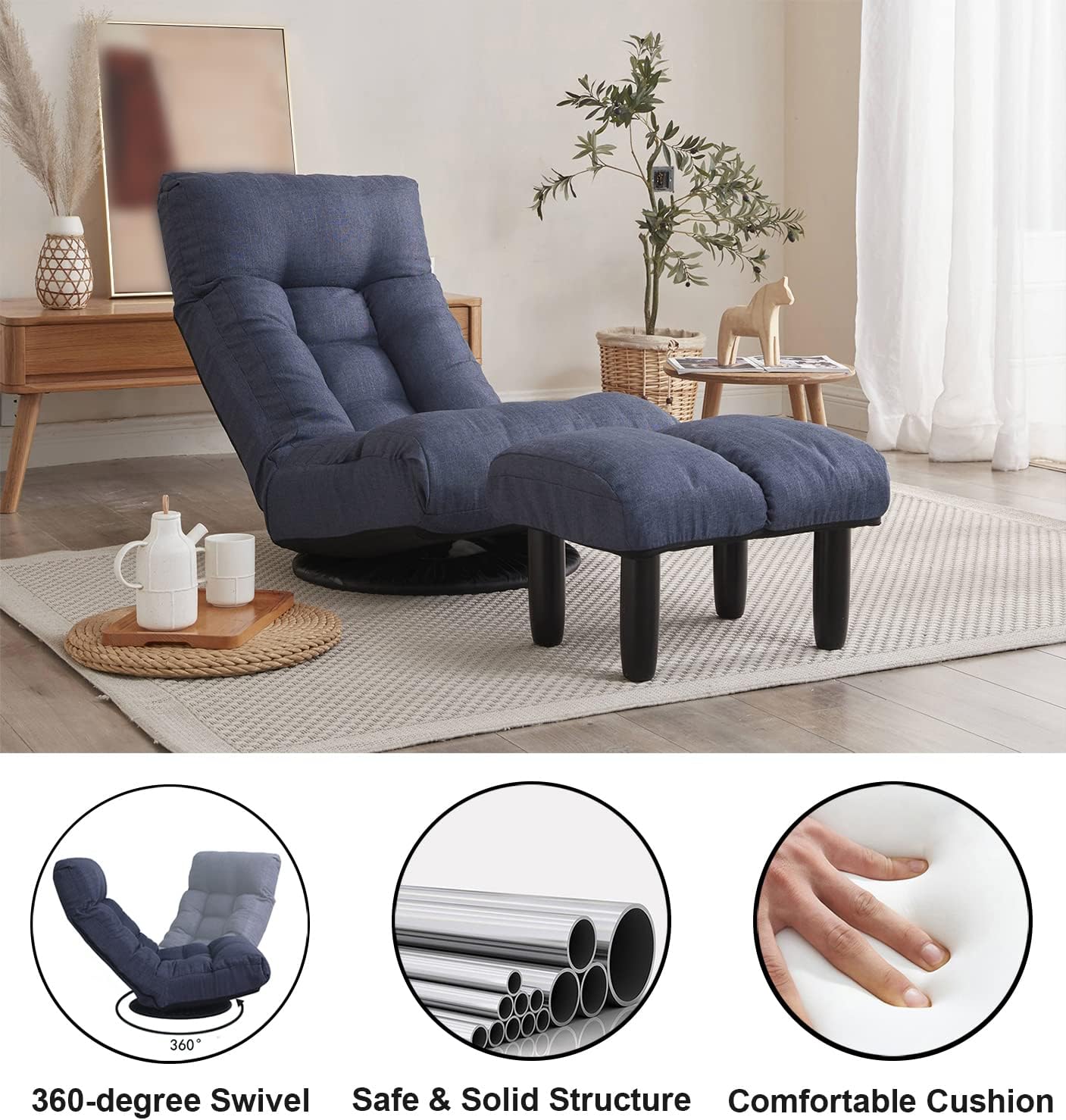 SLEERWAY 360-Degree Swivel Gaming Chair, Foldable Floor Chair with Adjustable Backrest, Cushion Padded Indoor Chaise Lounge, Lazy Sofa Couch Rocker Gaming Chair for Teens and Adults (Navy Blue)