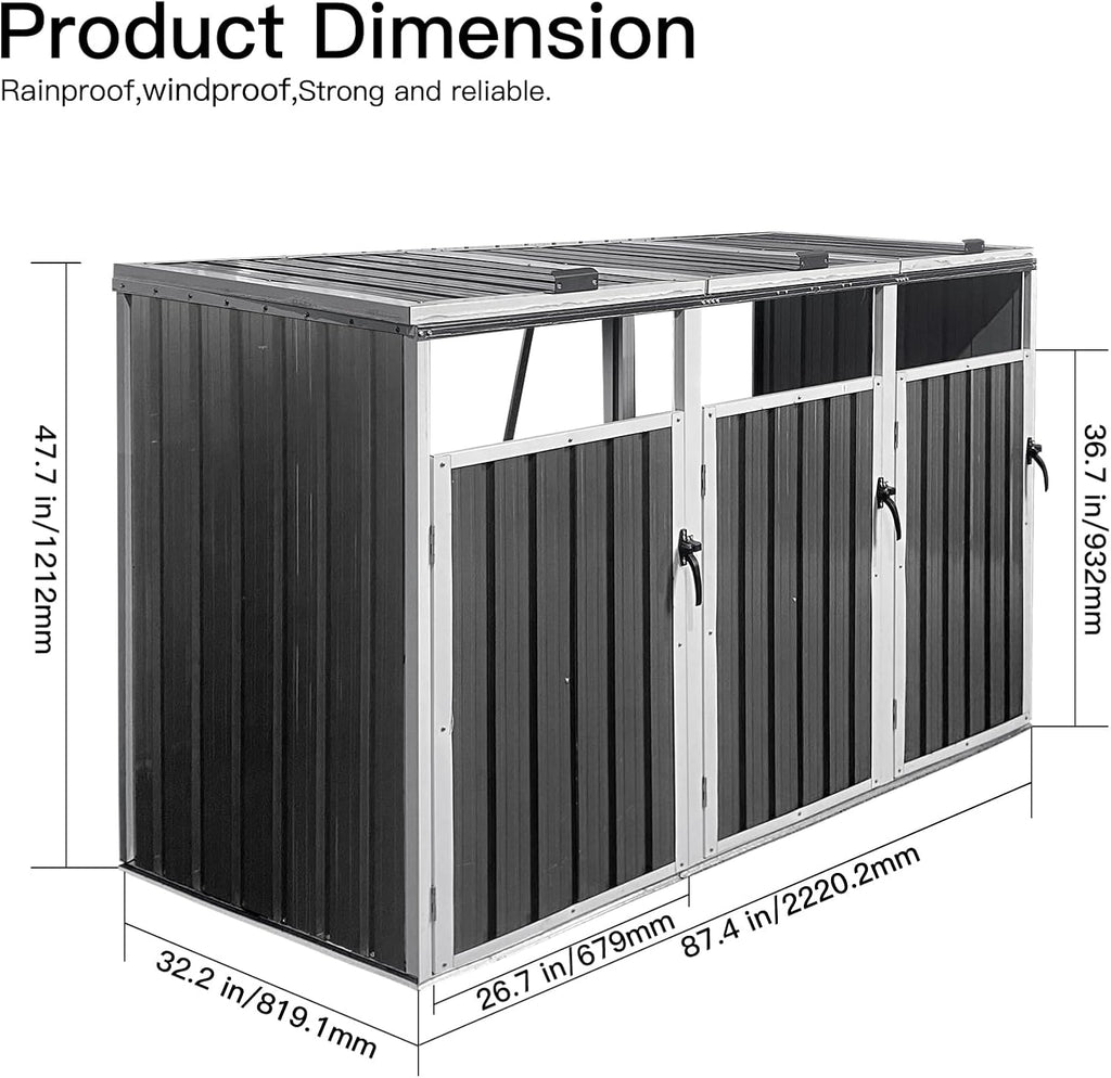 Yozma Metal Garbage Bin Shed – Outdoor Trash Can Storage for 3 Bins, Durable & Weather-Waste Enclosure, Yard Utility Shed for Hide Trash Cans (White & Gray, 87'- 3 Trash Can)