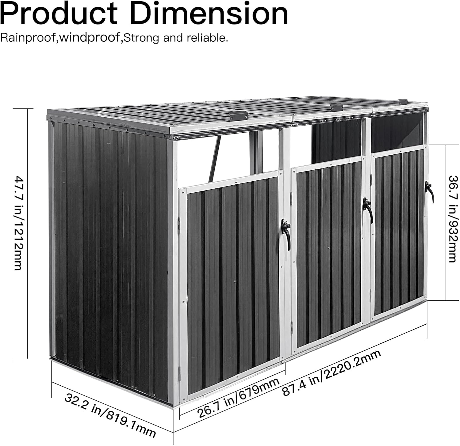 Yozma Metal Garbage Bin Shed – Outdoor Trash Can Storage for 3 Bins, Durable & Weather-Waste Enclosure, Yard Utility Shed for Hide Trash Cans (White & Gray, 87'- 3 Trash Can)
