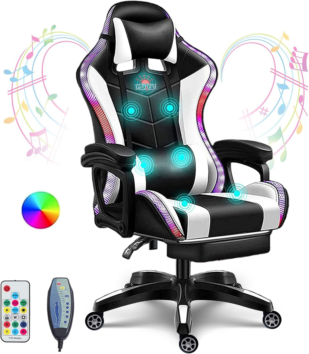 Gaming Chair with Speakers and Footrest Full Massage Computer Chair with RGB Lights Ergonomic Video Game Chair with Lumbar Support PU Leather High Back Gamer Chair for Office and Gaming,White