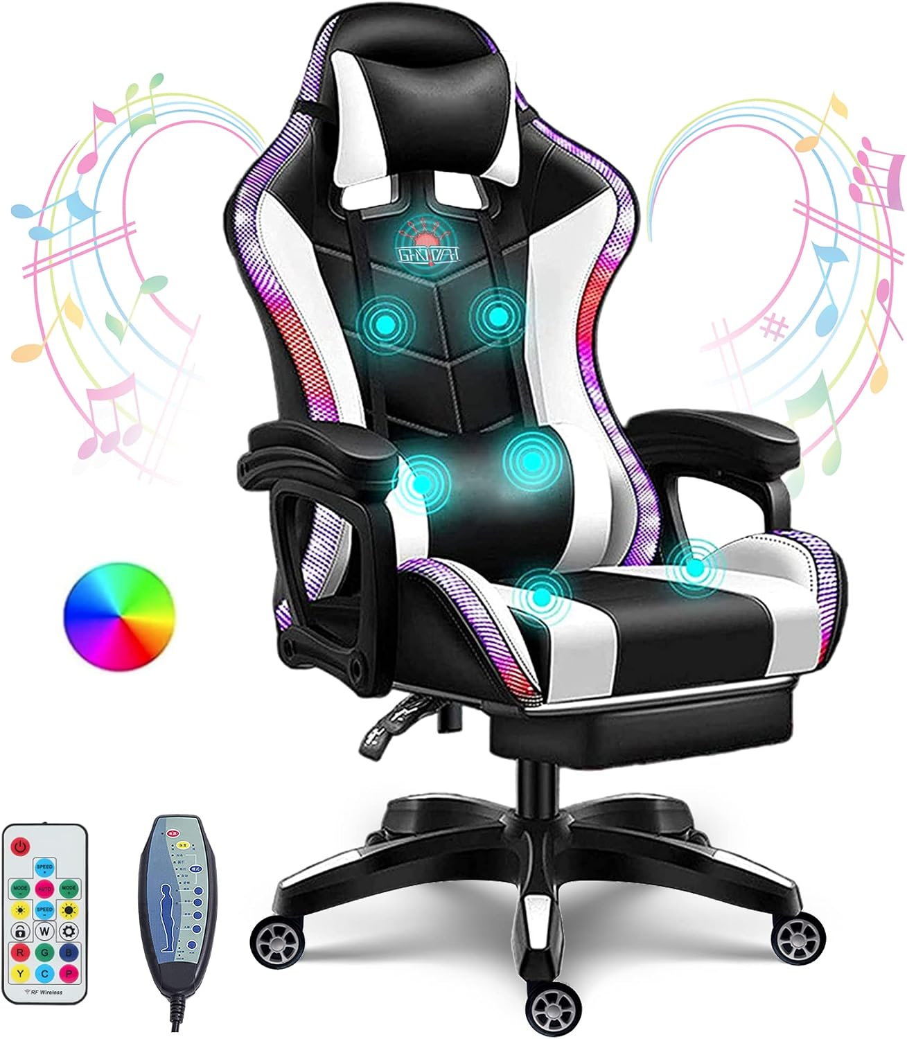 Gaming Chair with Speakers and Footrest Full Massage Computer Chair with RGB Lights Ergonomic Video Game Chair with Lumbar Support PU Leather High Back Gamer Chair for Office and Gaming,White