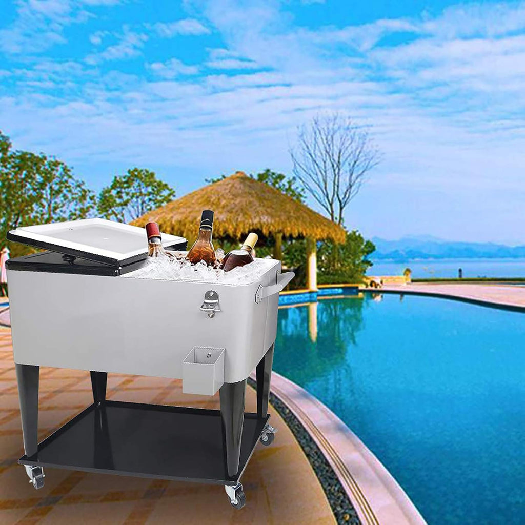80 Quart Rolling Ice Chest Cooler Cart,for Outdoor Patio Deck Party Portable Party Bar Cold Drink Beverage Cart, Backyard Cooler Trolley on Wheels with Shelf, Bottle Opener