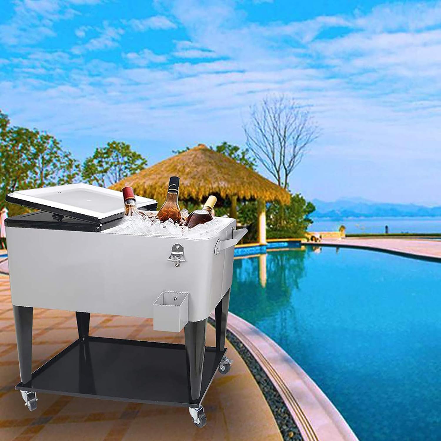 80 Quart Rolling Ice Chest Cooler Cart,for Outdoor Patio Deck Party Portable Party Bar Cold Drink Beverage Cart, Backyard Cooler Trolley on Wheels with Shelf, Bottle Opener