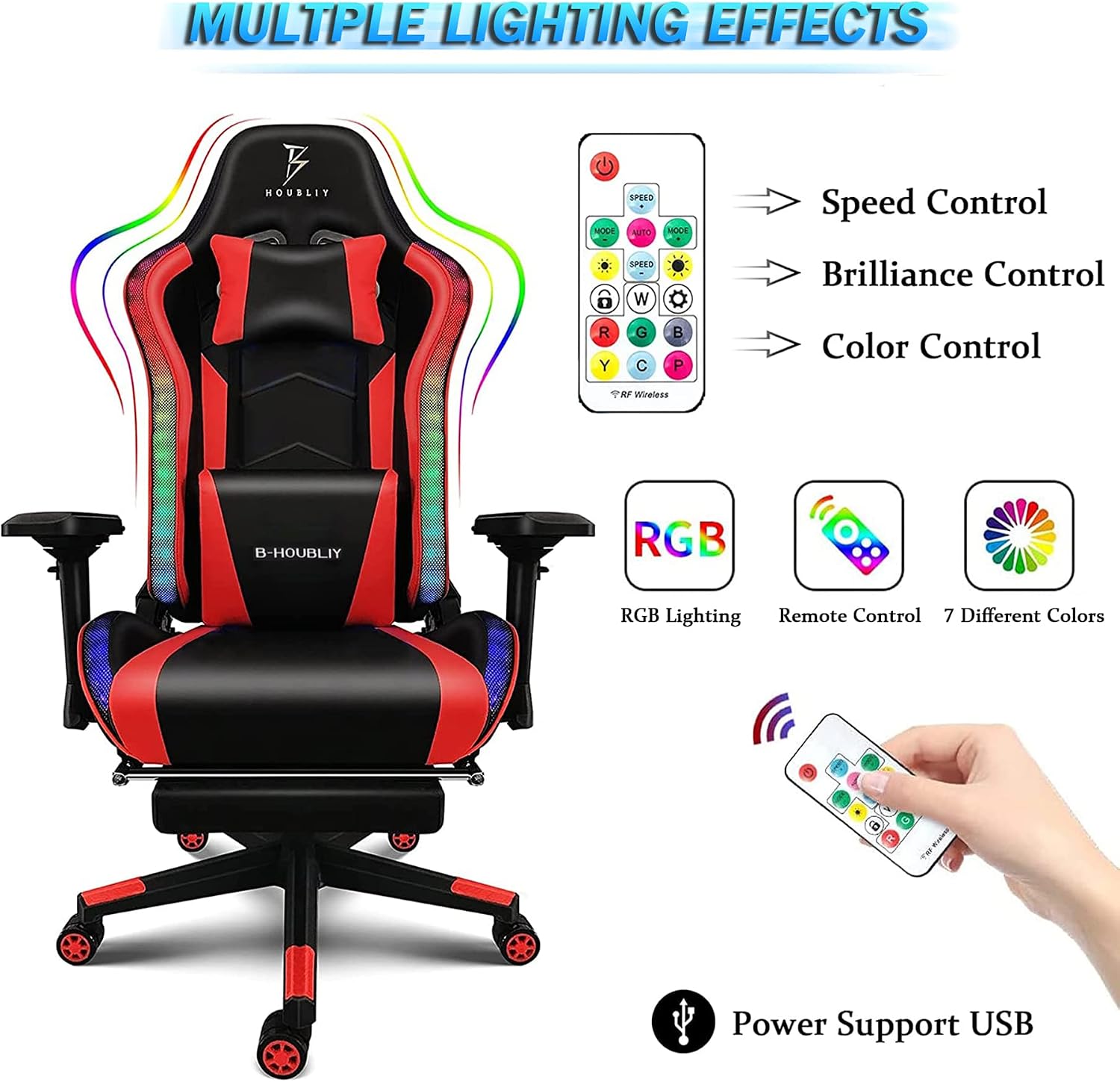 Computer Chair with Speakers Gaming Chair with RGB Lights and 7-Point Massage, High Back Ergonomic Video Game Chair, Reclining Gaming Chair with Footrest & 4D Armrests for Adults,Black