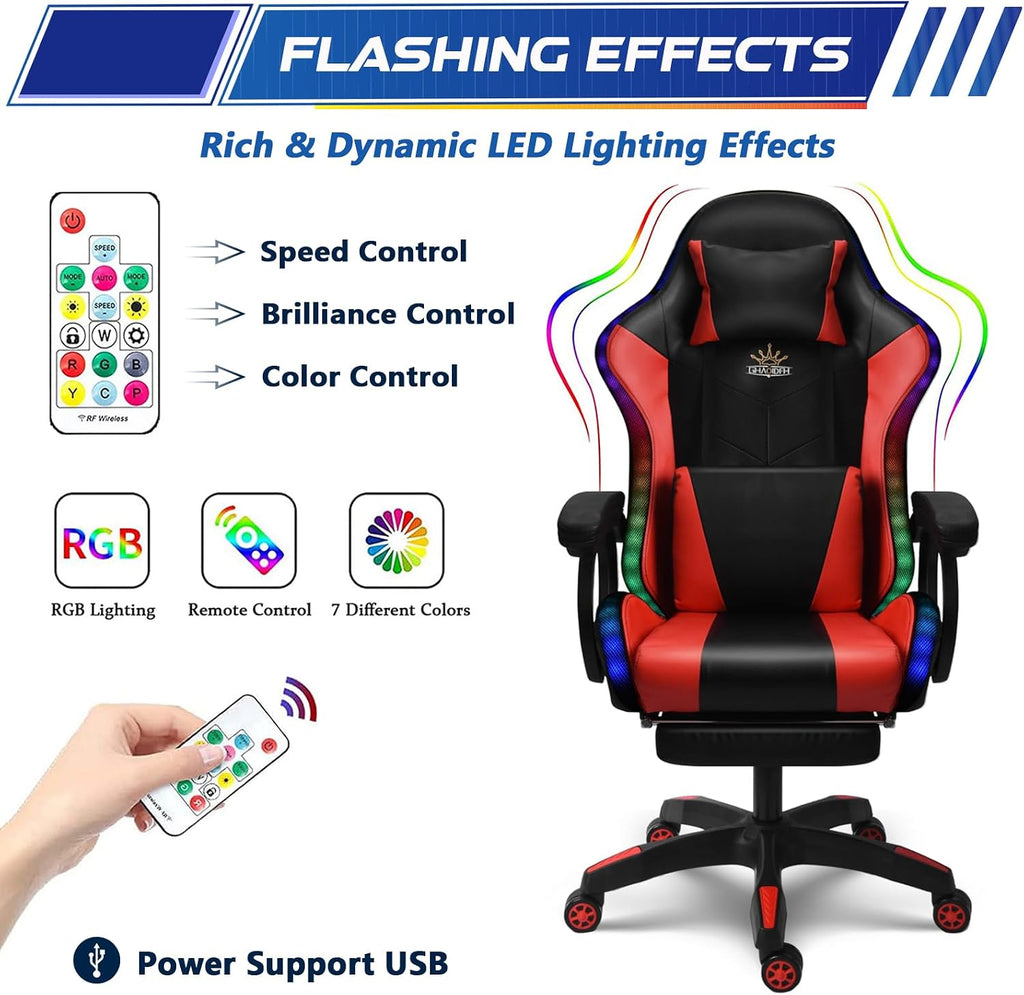 Massage Gaming Chair with Speakers Video Game Chair with RGB LED Lights Ergonomic Racing Office Chair PU Leather Recliner Computer Chair Swivel Chair with Headrest Armrest Lumbar Support,White
