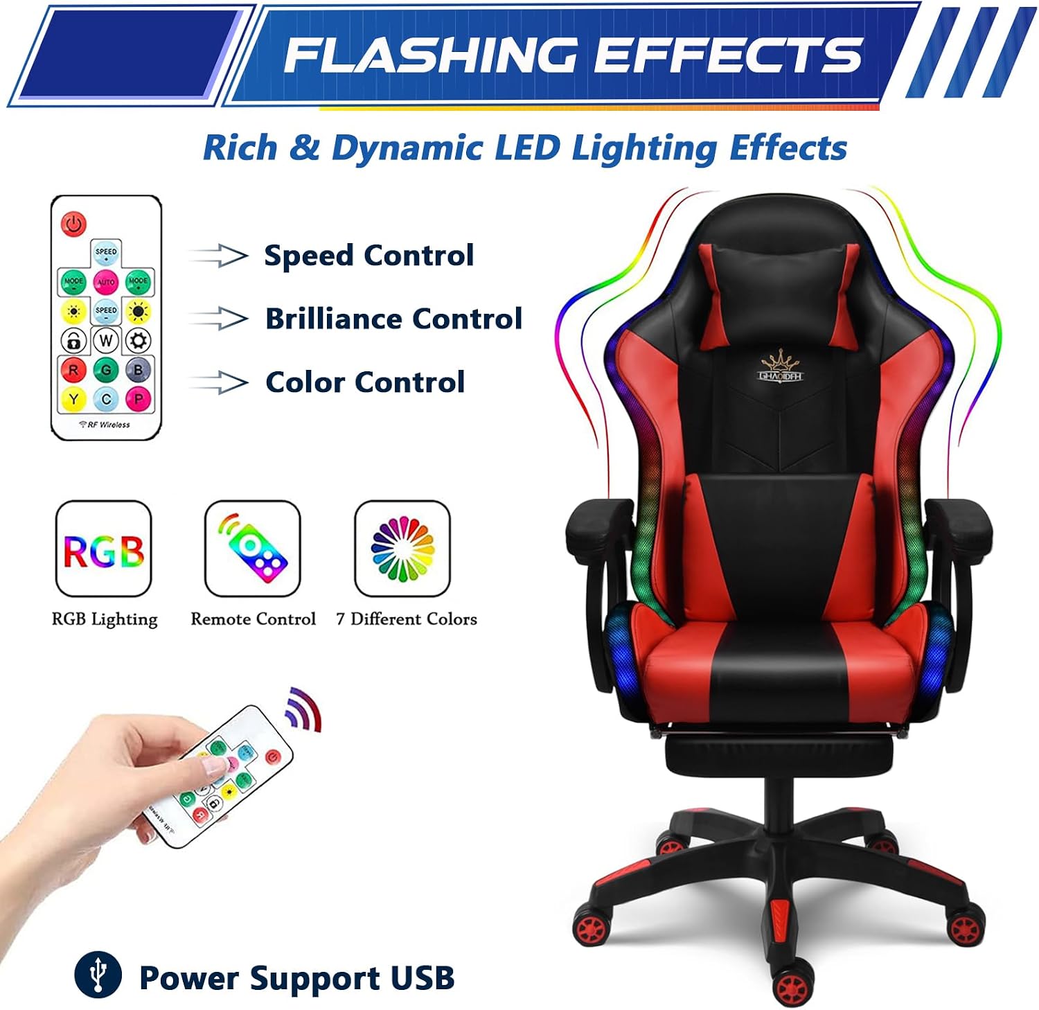 Massage Gaming Chair with Speakers Video Game Chair with RGB LED Lights Ergonomic Racing Office Chair PU Leather Recliner Computer Chair Swivel Chair with Headrest Armrest Lumbar Support,Black