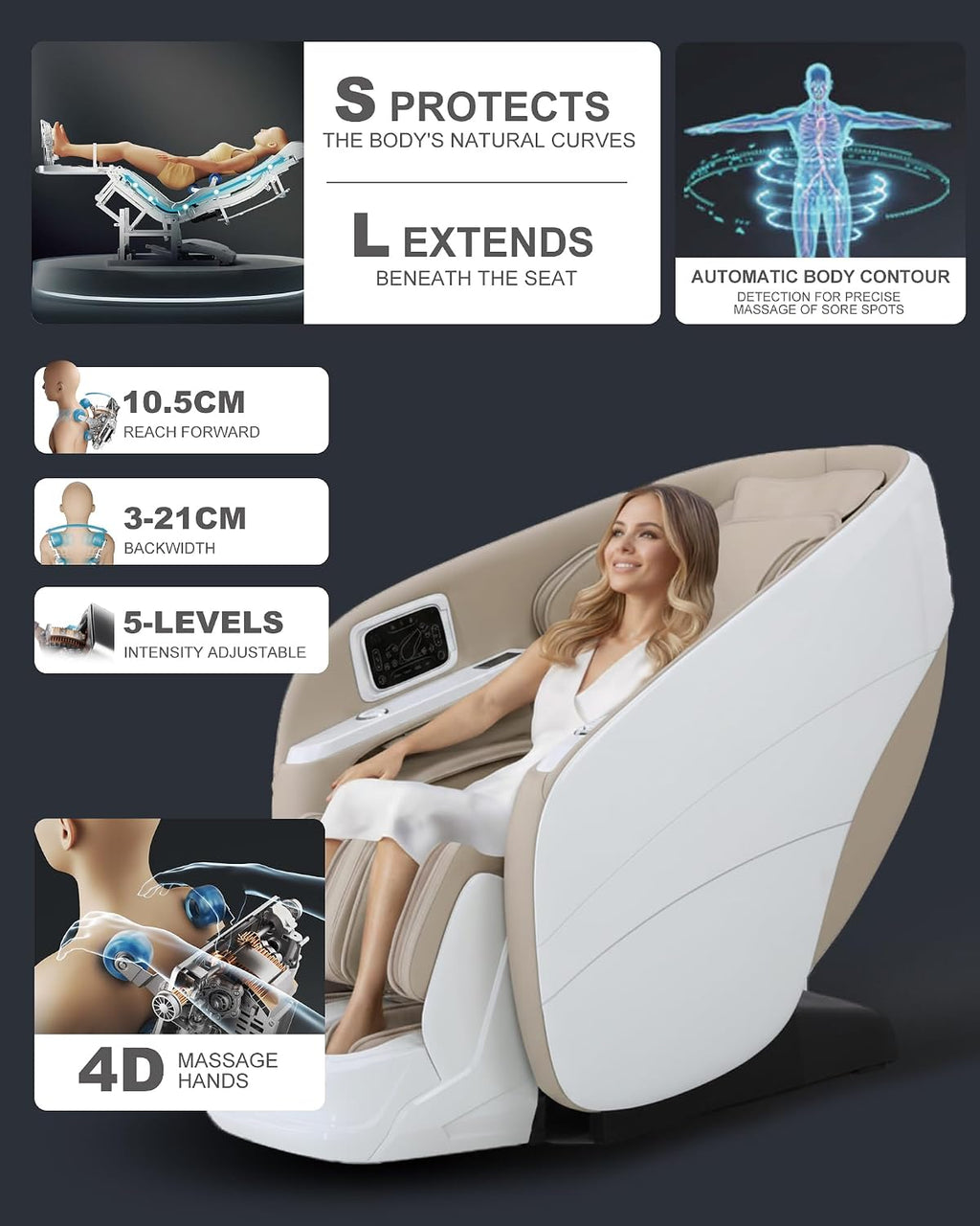 Massage Chair Full Body,4D Zero Gravity Massager Recliner with Touch Screen Controller, SL-Track Heating, Foot Massage, Auto Modes, Bluetooth Speaker, Beige