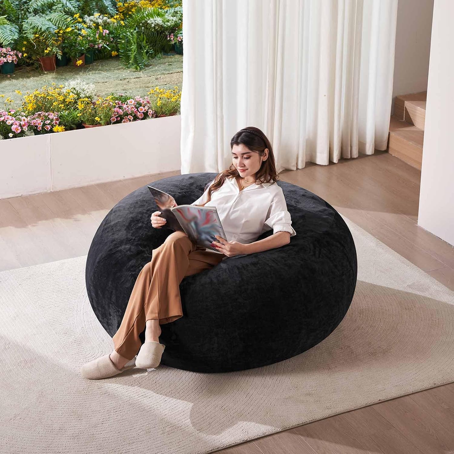 SANAE Oversized 5FT Memory Foam Bean Bag Chair for Adults - Black Corduroy Fabric with Filling, Comfy Gaming & Movie Beanbag Sofa Floor Couch, Large Lounger for Living Room/Dorm/Classroom/Bedroom