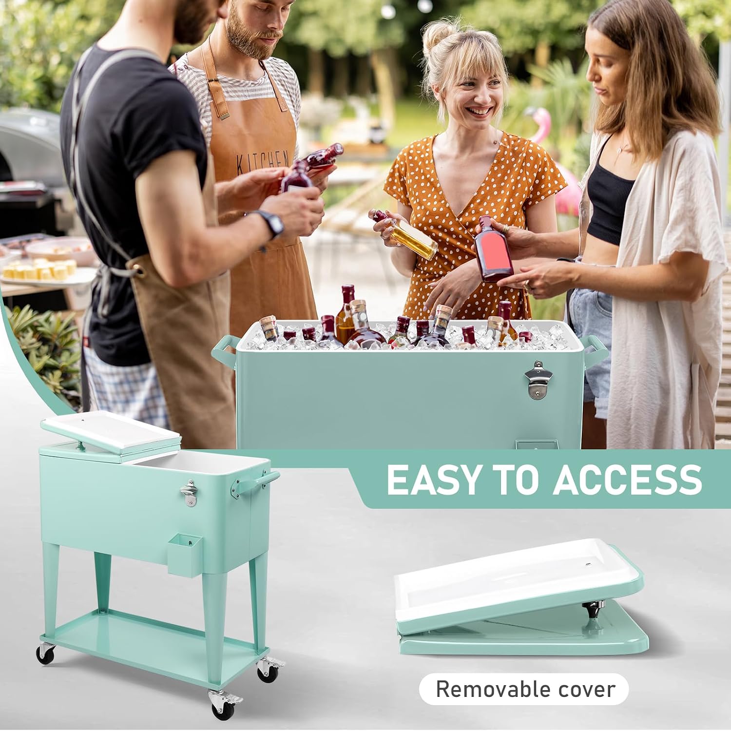 Outvita 80 Quart Rolling Ice Chest, Portable Bar Drink Cooler with Catch Basin, Bottom Storage Tray and Bottle Opener for Patio Party BBQ Beach Activities