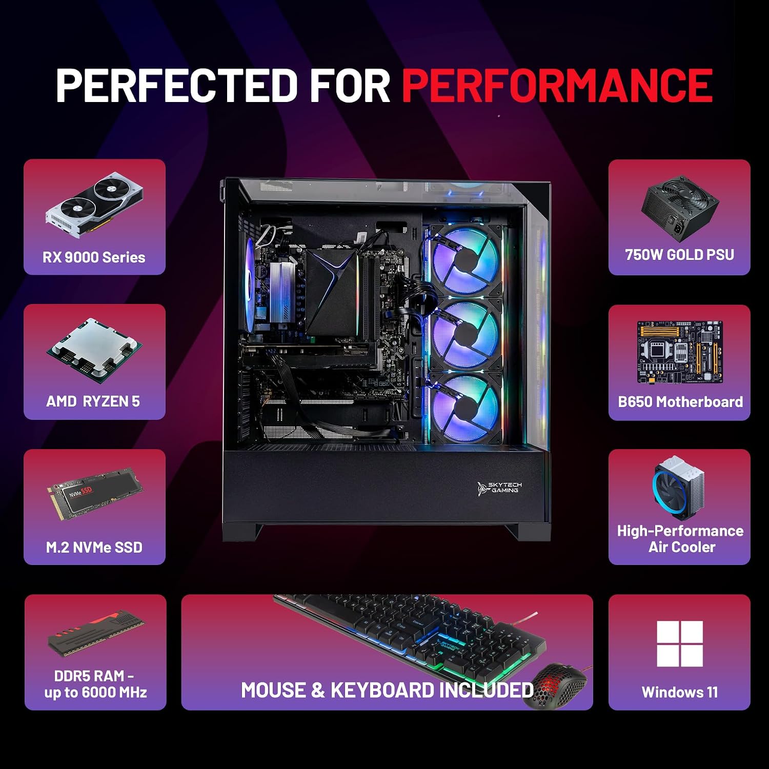Skytech Gaming Shadow 5 Gaming PC, AMD Ryzen 5 9600X 3.9GHz, AMD RX 9060 8GB VRAM, 1TB NVMe SSD, 16GB DDR5 RAM 6000, 750W Gold PSU, WI-FI 5, Windows 11, Desktop