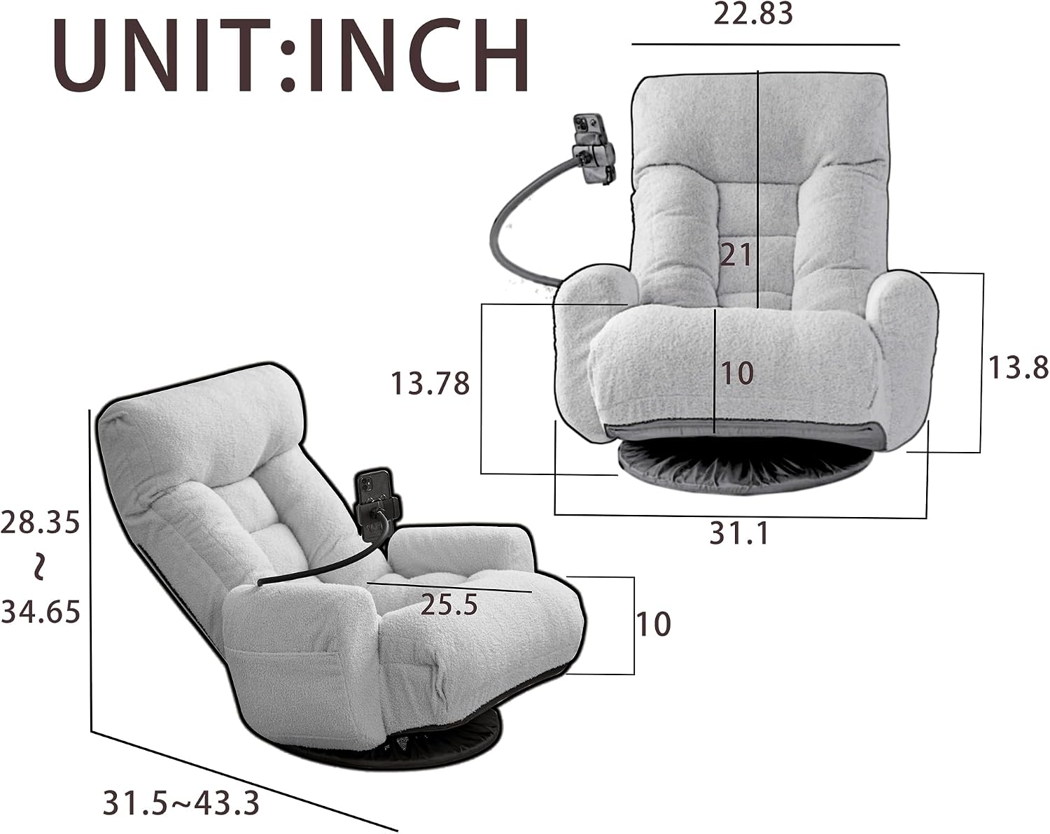 Lounge Sofa Chair with Side Pocket Armrests & Phone Holder. Gaming Chair for TV, Reading,Video,Games.Indoor Floor Chaise in Livingroom, Bedroom.Adjustable Foldable Backres&360° Swivel (Gray)
