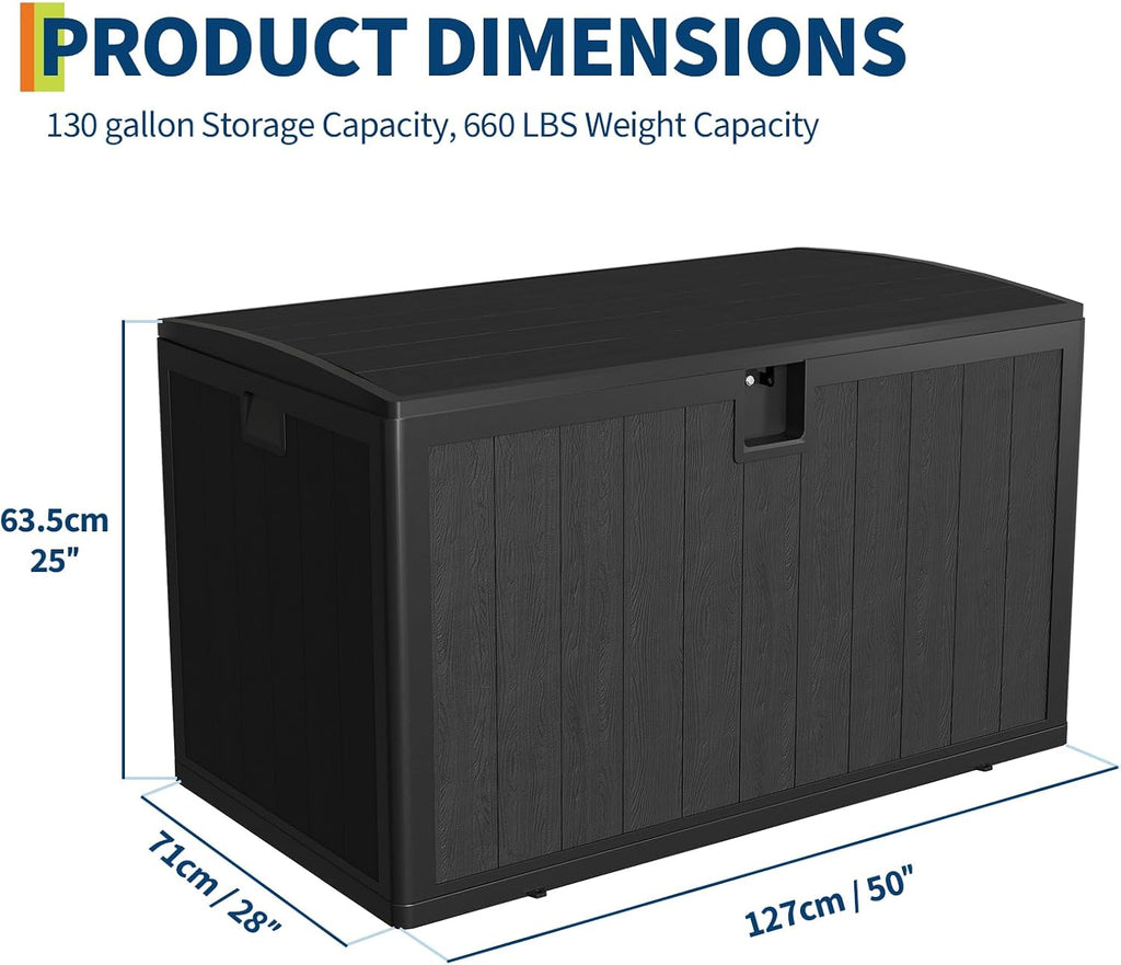 130 Gallon Outdoor Waterproof Storage Box Lockable Outdoor Storage Boxes Deck Storage Boxes for Package Delivery Deck Boxes for Patio Furniture, Garden, Tools - Faux Wood Grain Black