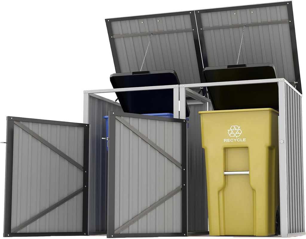 Garbage Bin Shed Stores 2 Trash Cans Metal Outdoor Bin Shed for Garbage Storage,54 Cubic feet of Space,Stainless Galvanized Steel, Bin Shed for Garden Yard Lawn,Grey