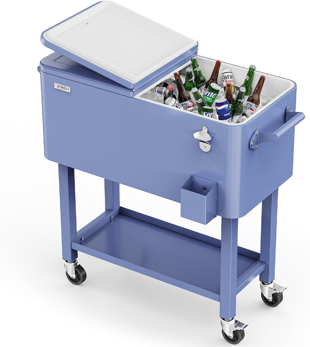 VINGLI Rolling Ice Chest, Portable Patio Party Bar Drink Cooler Cart, with Shelf, Beverage Pool with Bottle Opener