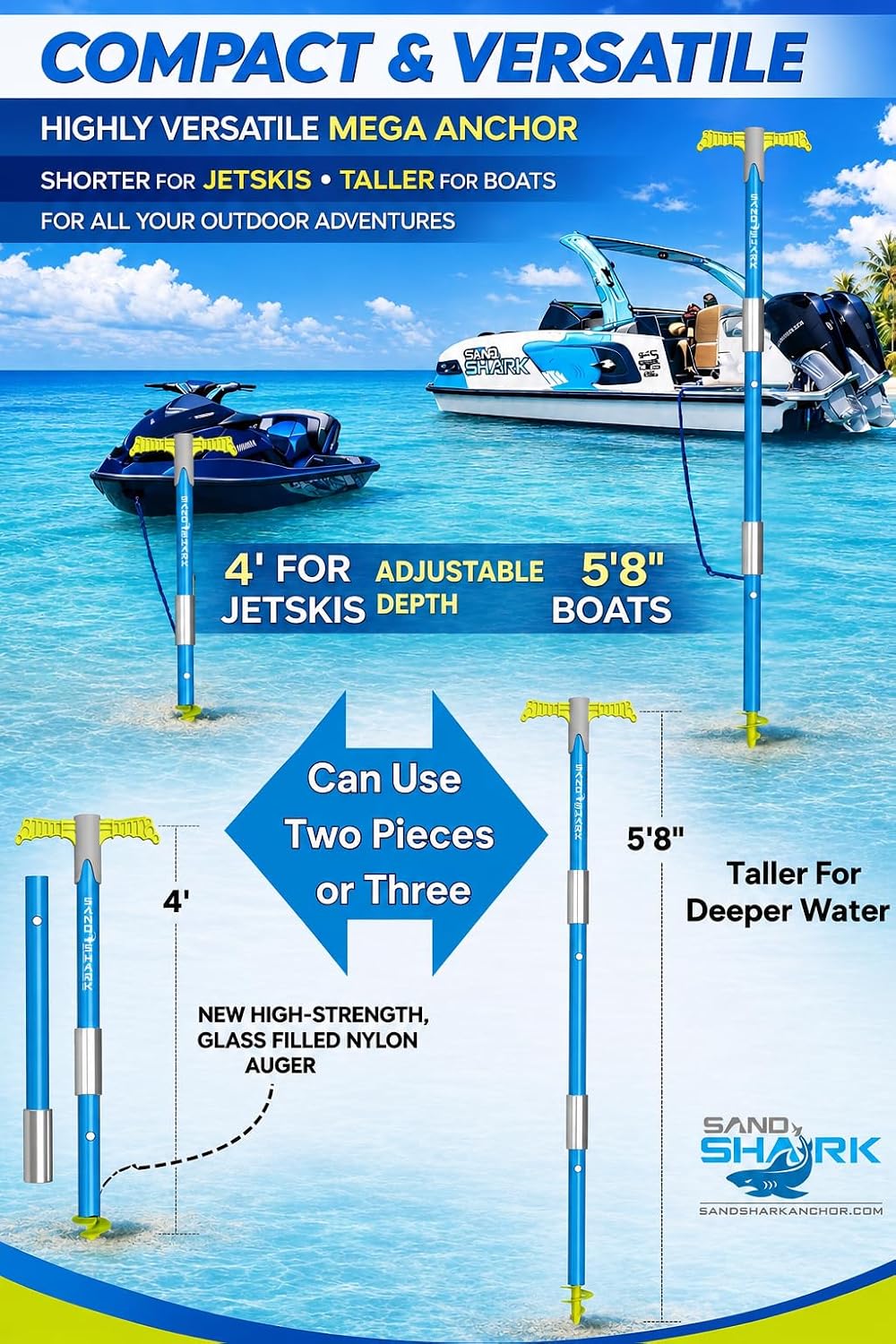 SandShark Supersport 3.0 Shallow Water Anchor - Great Jet Ski, PWC, Pontoon Boat Accessory - Adjusts 29'-48' w/Case