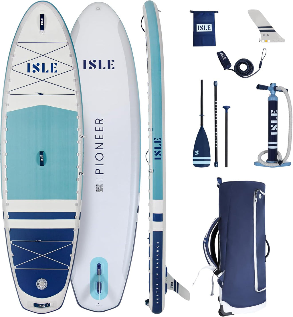 ISLE Pioneer Inflatable Stand Up Paddle Board, Incl. Coil Leash, Touring Fin, Travel Backpack, Hand Pump, Paddle - Beginner Friendly SUP - max. 285 lbs - 10'6'' Inflatable Paddle Boards for Adults