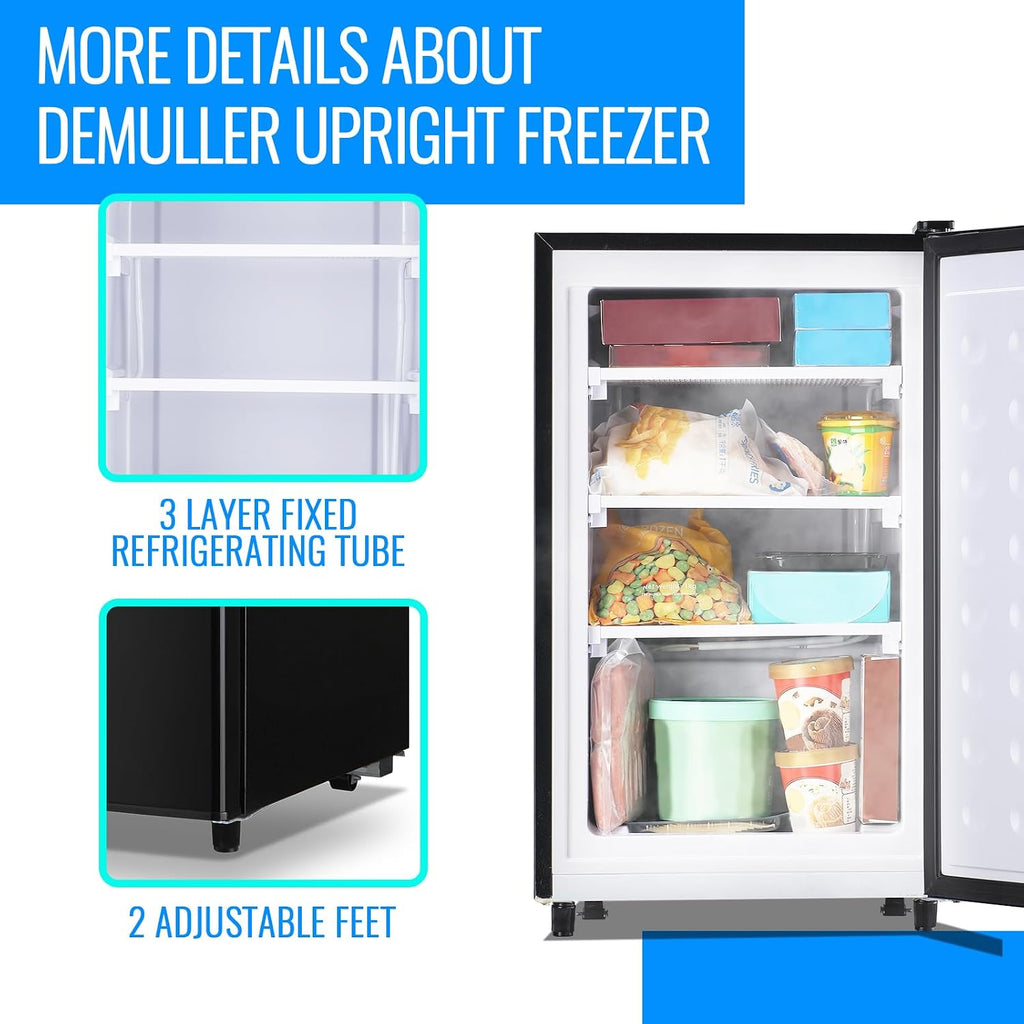 DEMULLER 3.2 Cu.Ft Upright Freezer with 7 Adjustable Thermostat Stand-up Single Door Compact Freezers with Rapid Cooling Technology for Home Kitchen Dorm Silver