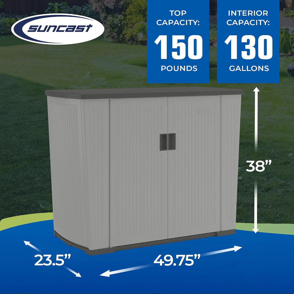 Suncast 130 Gallon Backyard Storage Shed Bundle with 31 Gallon East Oak Waterproof Deck Box for Outdoor Storage