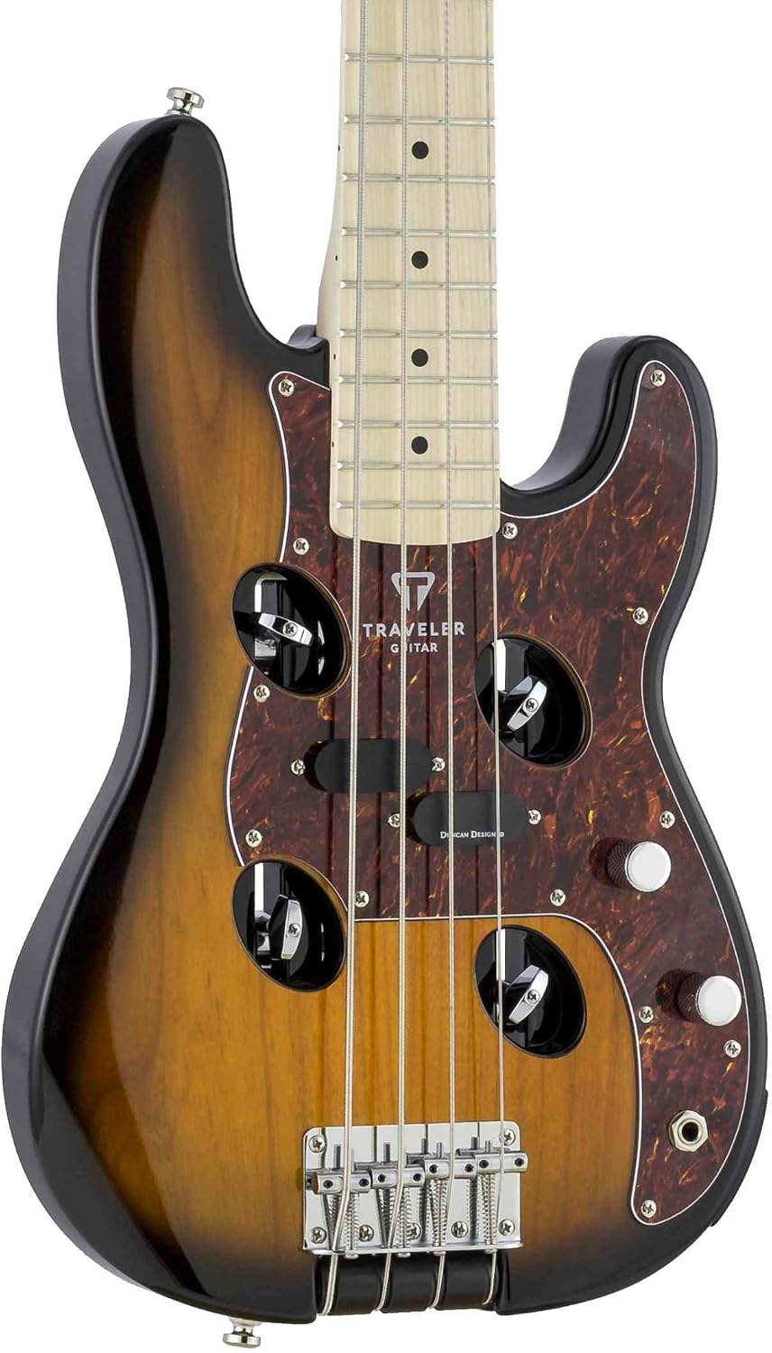 Traveler Guitar TB-4P Sunburst Bass | Travel Guitar with Aux-in | 4 String Bass Guitar with 22 Jumbo Frets | Full 32' Scale Portable Electric Bass Guitar | Headless Guitar with Custom Gig Bag