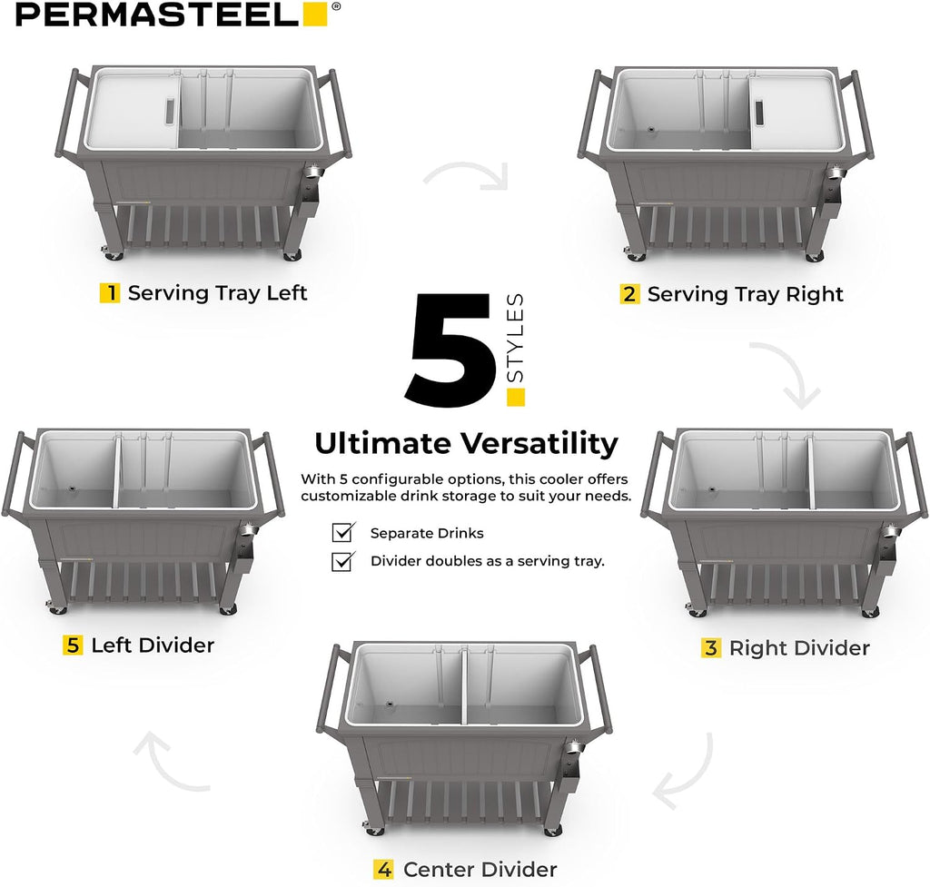 Permasteel Party Cooler with Divider, Spacious 80-Qt Capacity, Chills 36hrs, Serving Tray, Rolling Ice Chest for Indoor and Outdoor Entertainment, Matte Gray