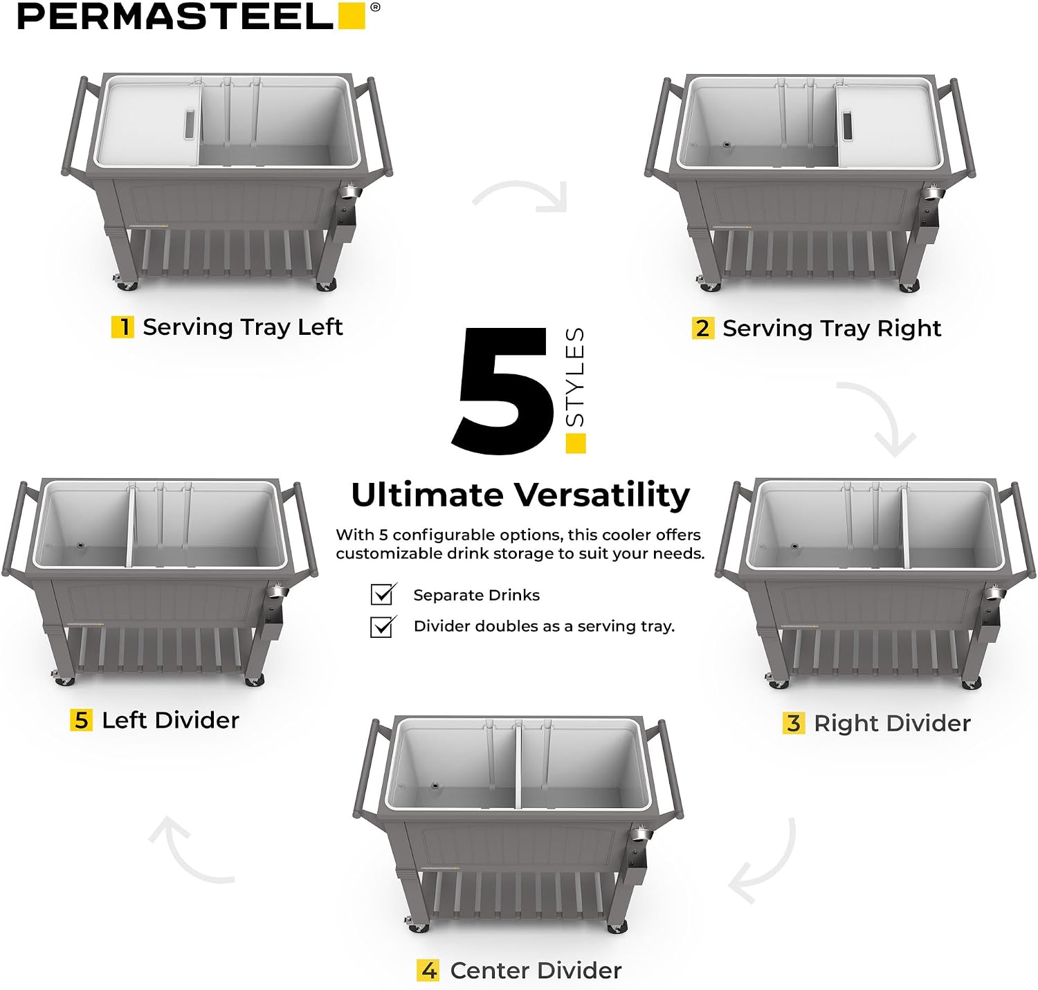 Permasteel Party Cooler with Divider, Spacious 80-Qt Capacity, Chills 36hrs, Serving Tray, Rolling Ice Chest for Indoor and Outdoor Entertainment, Matte Gray