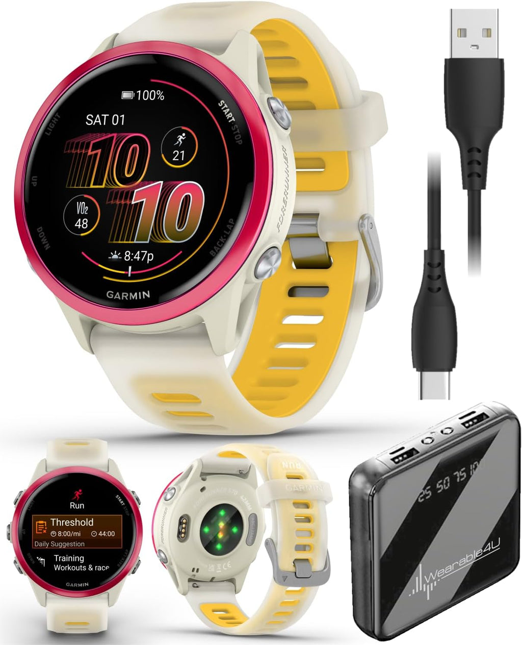 Garmin Forerunner 570 42mm Advanced GPS Running & Triathlon Smartwatch, AMOLED Display, Training & Recovery Features, Raspberry Aluminum w/Translucent Bone/Mango Band w/ Wearable4U PowerBank Bundle