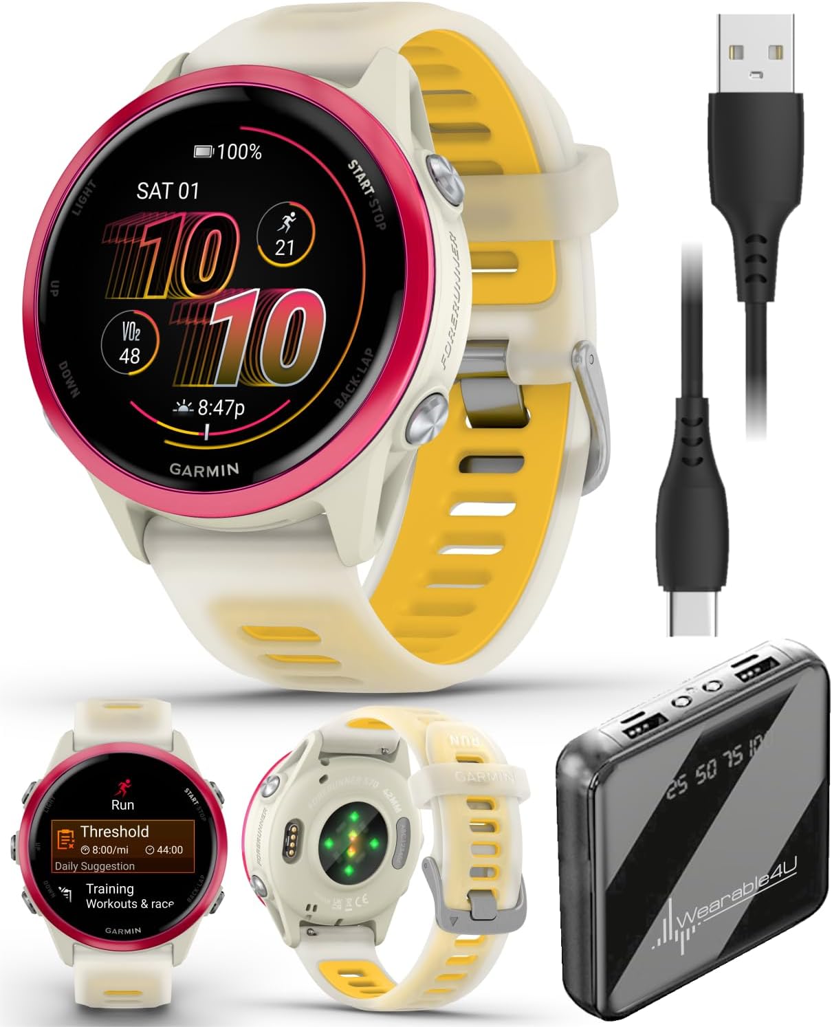 Garmin Forerunner 570 42mm Advanced GPS Running & Triathlon Smartwatch, AMOLED Display, Training & Recovery Features, Raspberry Aluminum w/Translucent Bone/Mango Band w/ Wearable4U PowerBank Bundle