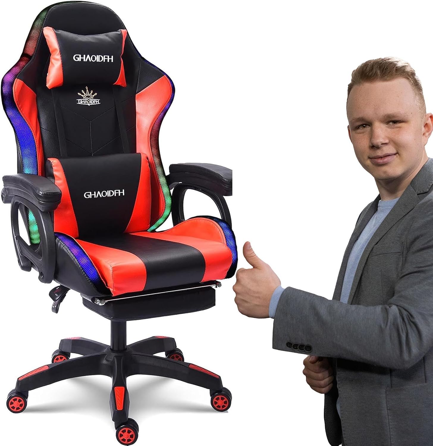 Video Gaming Chair with Footrest,Game Chair with Bluetooth Speakers,Computer Chair with LED Lights,Ergonomic Massage Gaming Chair with Massage Function,360°Swivel 90°-135° Adjustment Backrest (red)