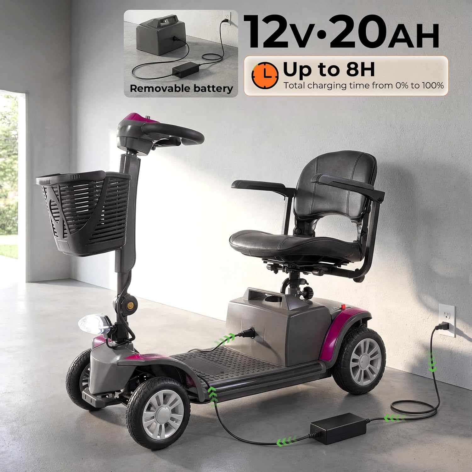 Mobility Scooter for Adults Senior,4 Wheels Electric Powered Scooter,Lightweight Mobility Scooter,with LED Headlights and Basket,Charger Included, Detachable Battery and Rotatable Seat (Grey-Purple)