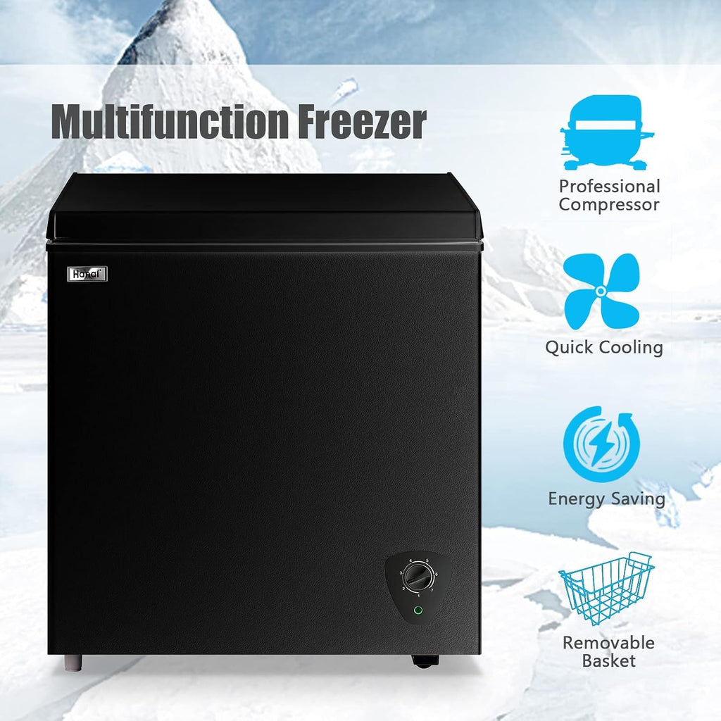 5.0 Cubic Feet Deep Chest Freezer Compact Freezers with Adjustable Thermostat Top Open Door Freezer Compressor Cooling with Rmovable Storage Basket for Home Kitchen Office and Bar (Black)