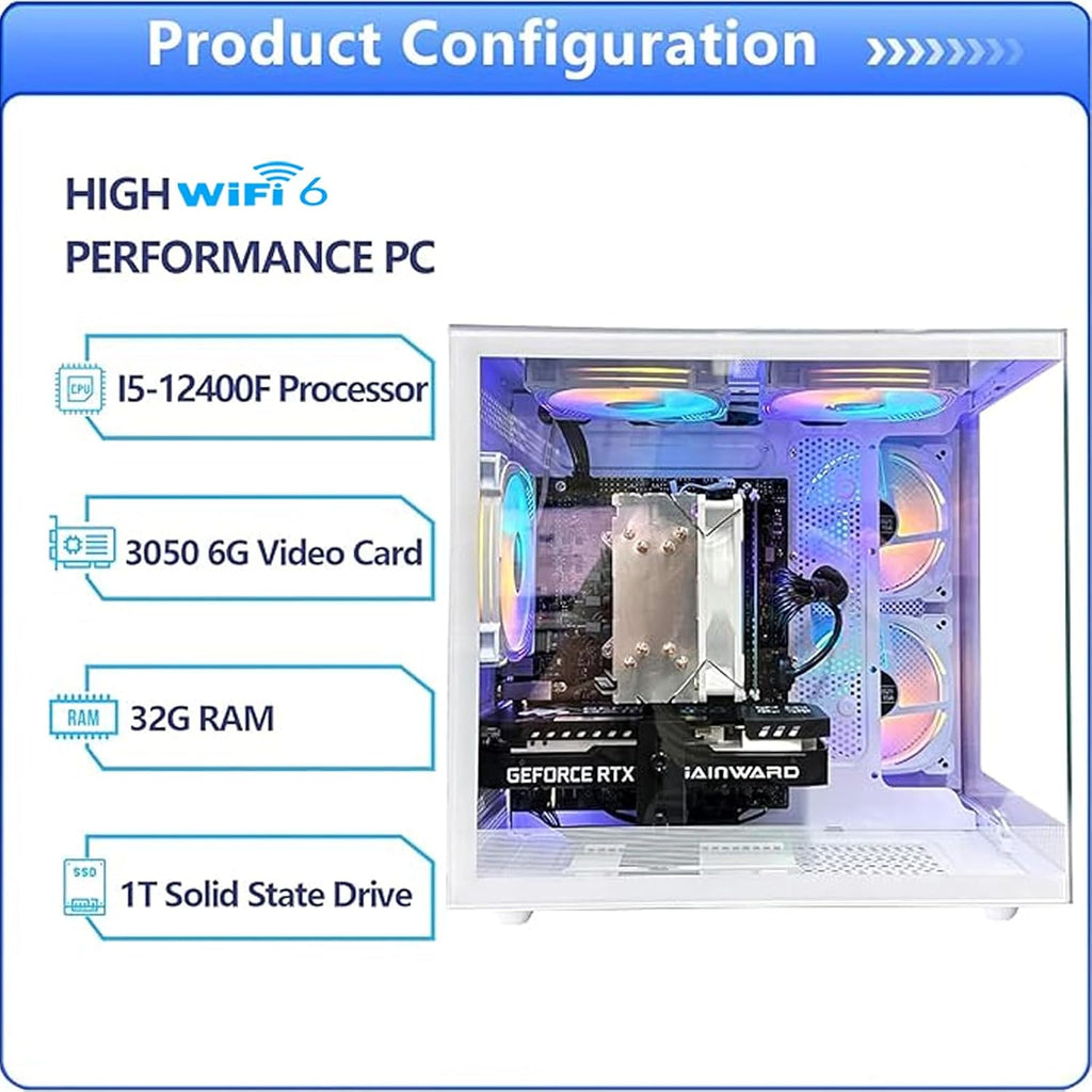 suevery Desktop Computers,16G RAM,512GB NVMe SSD,Core i5-12400F,RTX 3050 6G,Prebuilt Gaming PC,Tower Computer Gamer White WiFi 6 Home (512, GB)