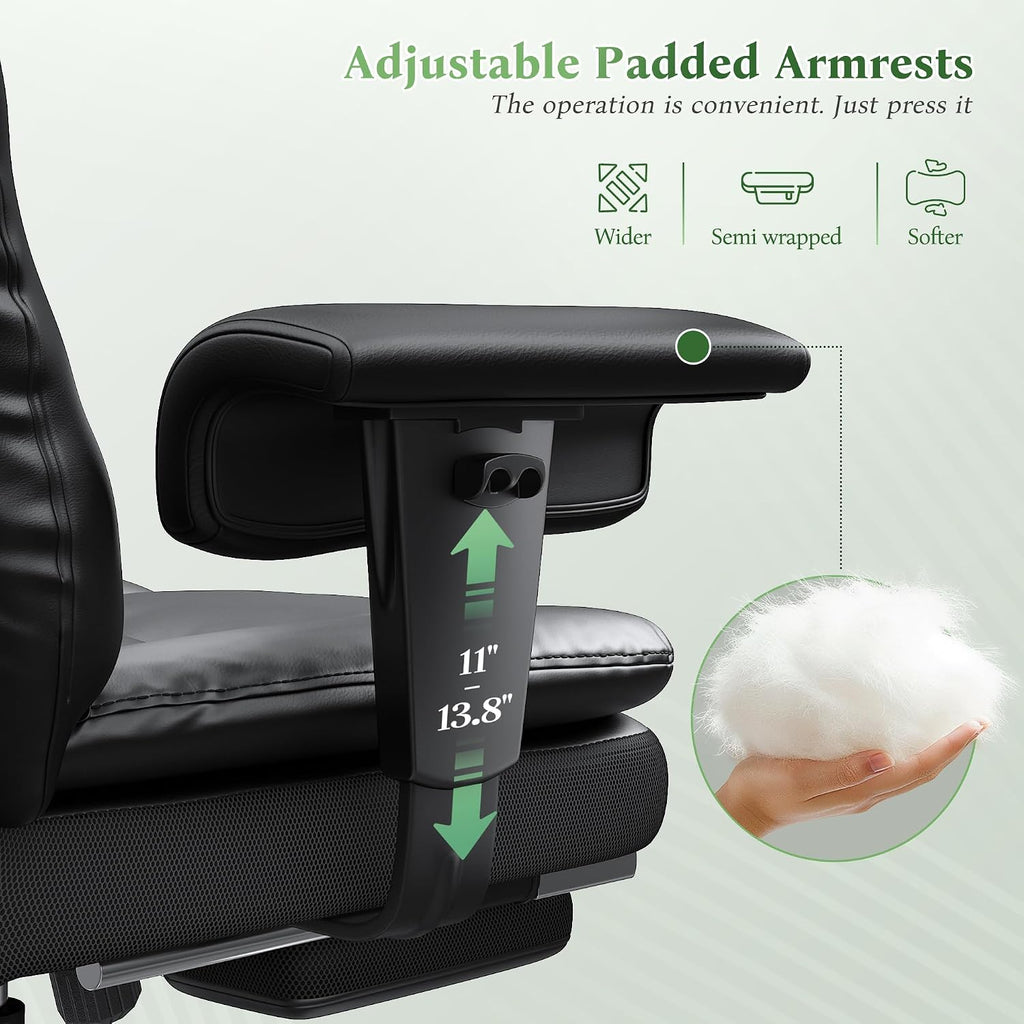 DurayLoly Big and Tall Office Chair with Footrest, Ergonomic Leather Office Desk Chair with Pocket Spring Cushion, 105°-135°Reclining & Height Adjustable, Ergonomic Computer Chair for Back Pain