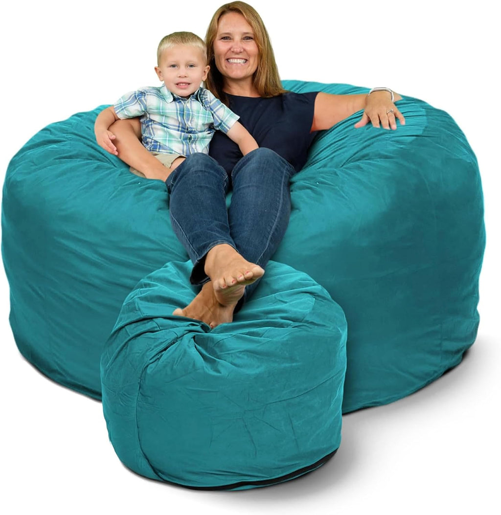 Ultimate Sack 6000 6-Foot Bean Bag Chair with Footstool, Teal Suede Cover – Oversized Foam Lounger, Floor Seat, Small Sofa, or Couch Bed for Living Area, Gaming Room, or Reading Lounge