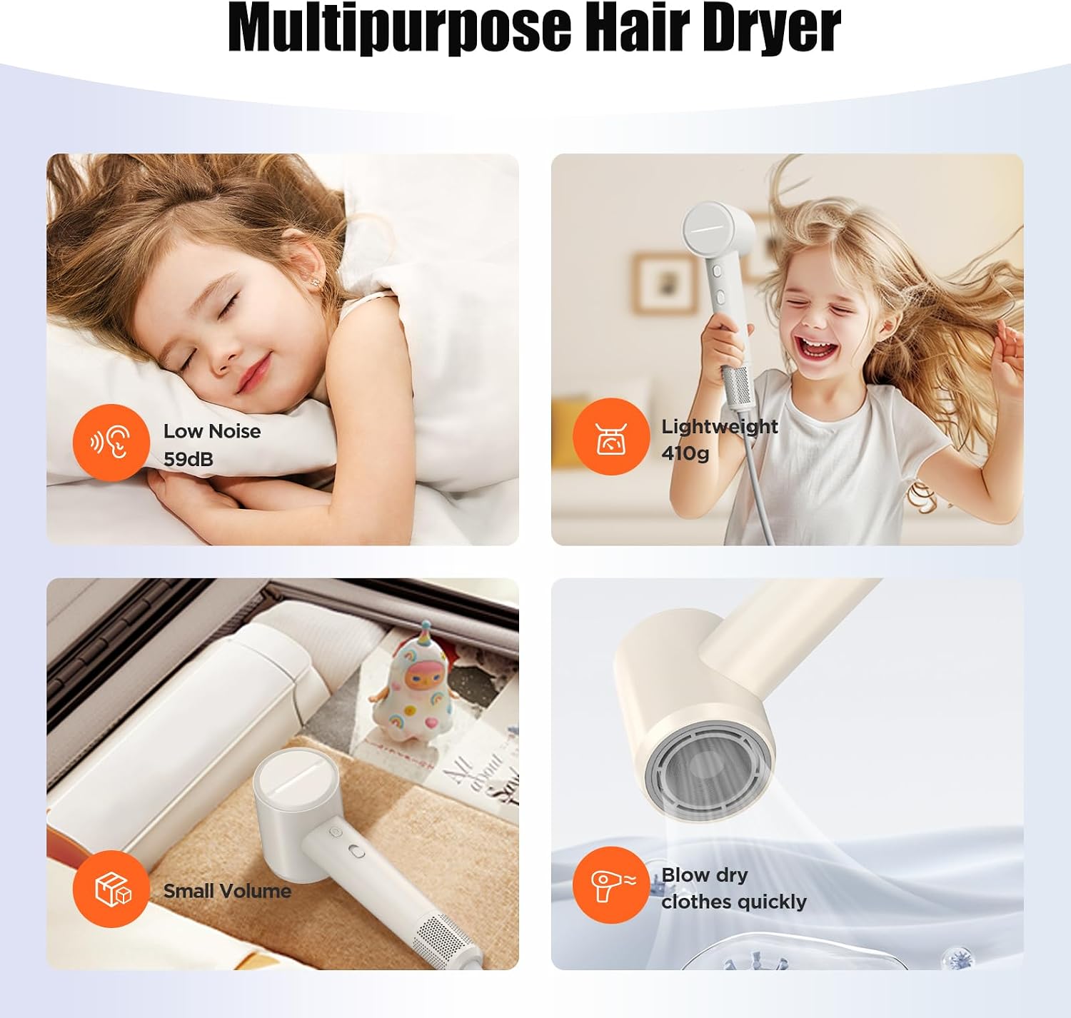 Plasma Hair Care Travel Blow Dryer - High Speed Ionic Dryer with 4 Modes, Thermo-Control, Low Noise, Fast Drying for Home or Travel (Beige)
