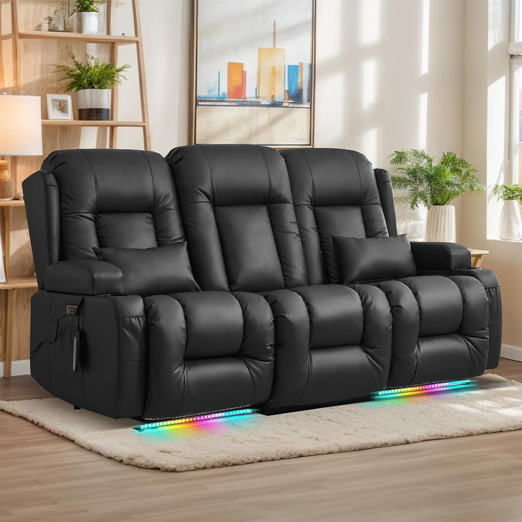 Loveseat Recliner Sofa, Leather Sofa with Massage & Heating, Home Theater Seating Power Reclining Loveseat with Outlet/LED Light/Cup Holders/Lumbar Pillows (Black, 3 Seat)