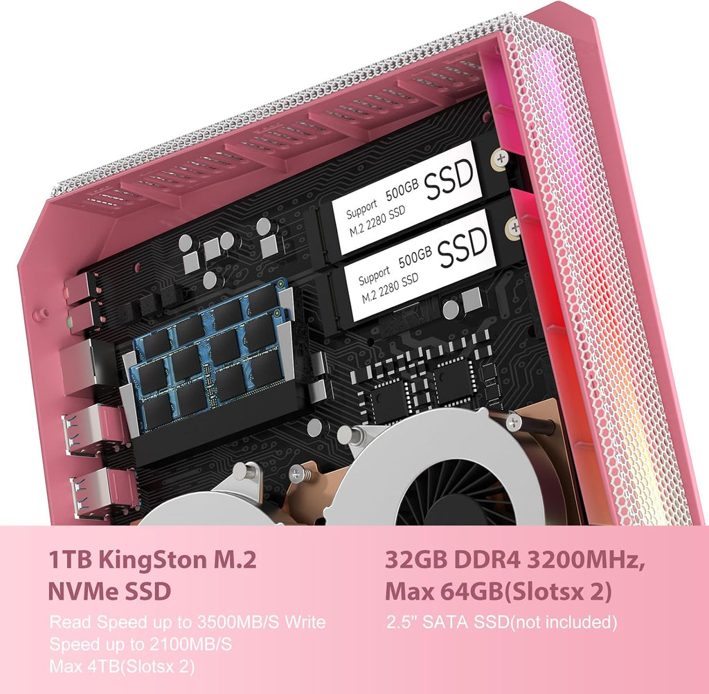 Mini Gaming PC, Intel Core i9-12900HK, RTX 3050Ti 8G Mini Gaming Computer with RGB Lights, 32GB RAM 1TB PCIe4.0 SSD, Triple Display/2.5G LAN/WiFi 6E BT 5.3, Win 11 Pro Desktop PC, Pink