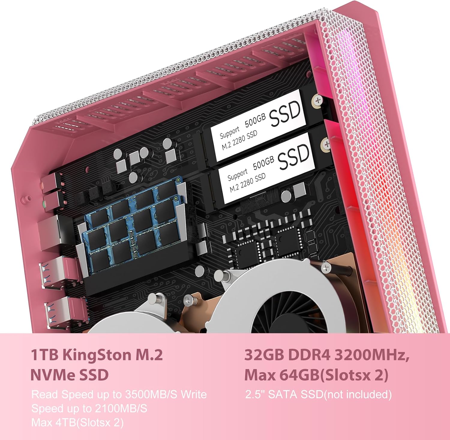 Mini Gaming PC, Intel Core i9-12900HK, RTX 3050Ti 8G Mini Gaming Computer with RGB Lights, 32GB RAM 1TB PCIe4.0 SSD, Triple Display/2.5G LAN/WiFi 6E BT 5.3, Win 11 Pro Desktop PC, Pink