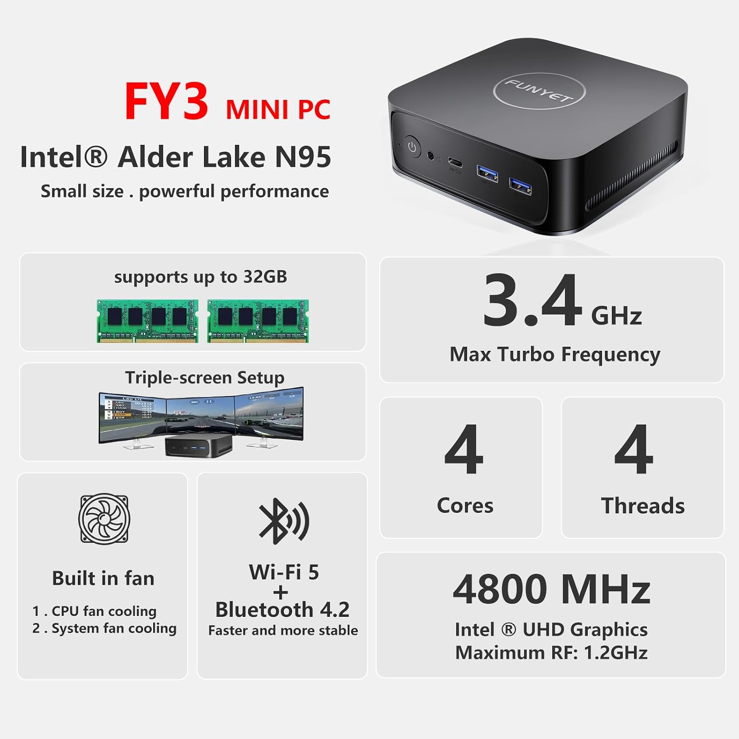 FUNYET Mini PC Desktop Computer with Intel 12th Gen Alder Lake N95(up to 3.4GHz), 16GB DDR4 RAM 1TB SSD, Supports 4K Displays, Windows 11 Pro(Black)