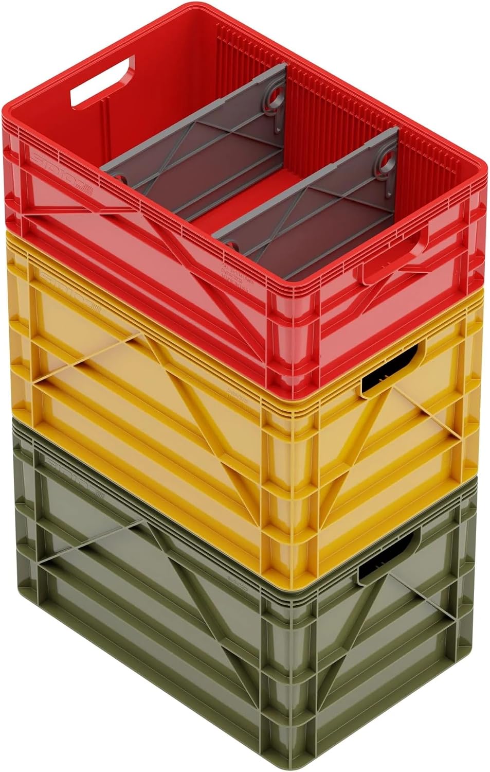 SIDIO Crate Basic Pack - 2 Full-Size & 1 Half-Size Heavy Duty Stackable Storage Bins, Totes and Containers with Dividers - Durable Plastic Organizer for Home, Office, Garage, and Outdoor Use