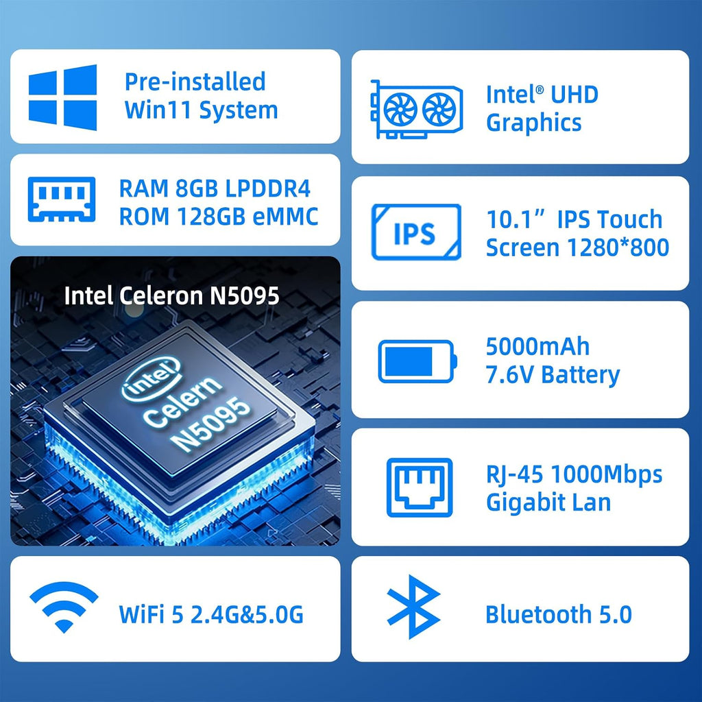 HIGOLEPC MINI PC,10.1 Inch Touchscreen Win 11 Pro Mini Computer, Celeron N5095 8GB RAM/128GB ROM Mini PC with Screen,Dual RS232 HDMI,BT 5.0,WiFi 5.0,Type-C,Support Auto-Boot.