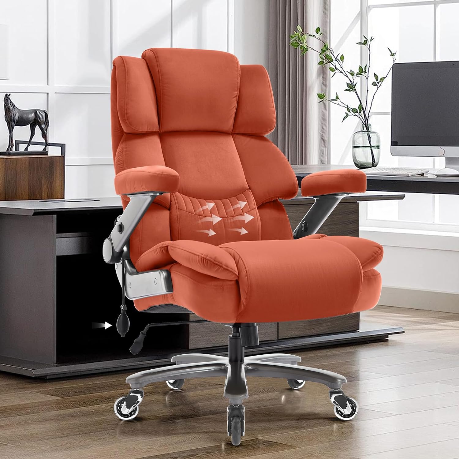 VUZI 700LBS Large Heavy Duty Office Chair with 3D Flip Arms, Big and Tall Plus Size Fabric Executive Desk Chairs, High Back Extra Wide Computer Chair with Adjustable Lumbar Support, Sturdy Metal Base