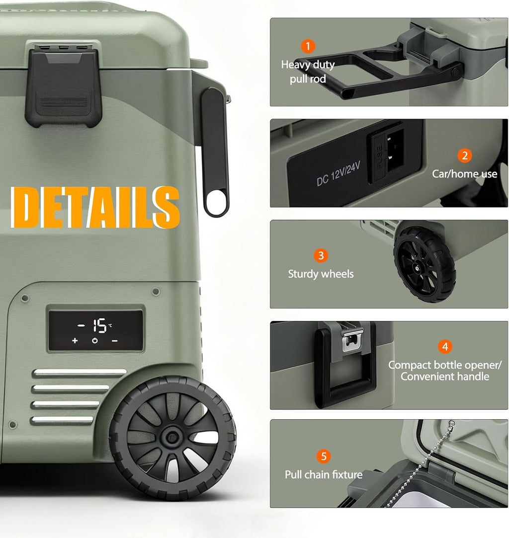 GS40W Portable Wheeled Car Freezer,45Quart 12V Car Refrigerator with Dual Zone,Electric Compressor Cooler -4℉~68℉ for Camping, RV, Truck, Travel, Outdoor