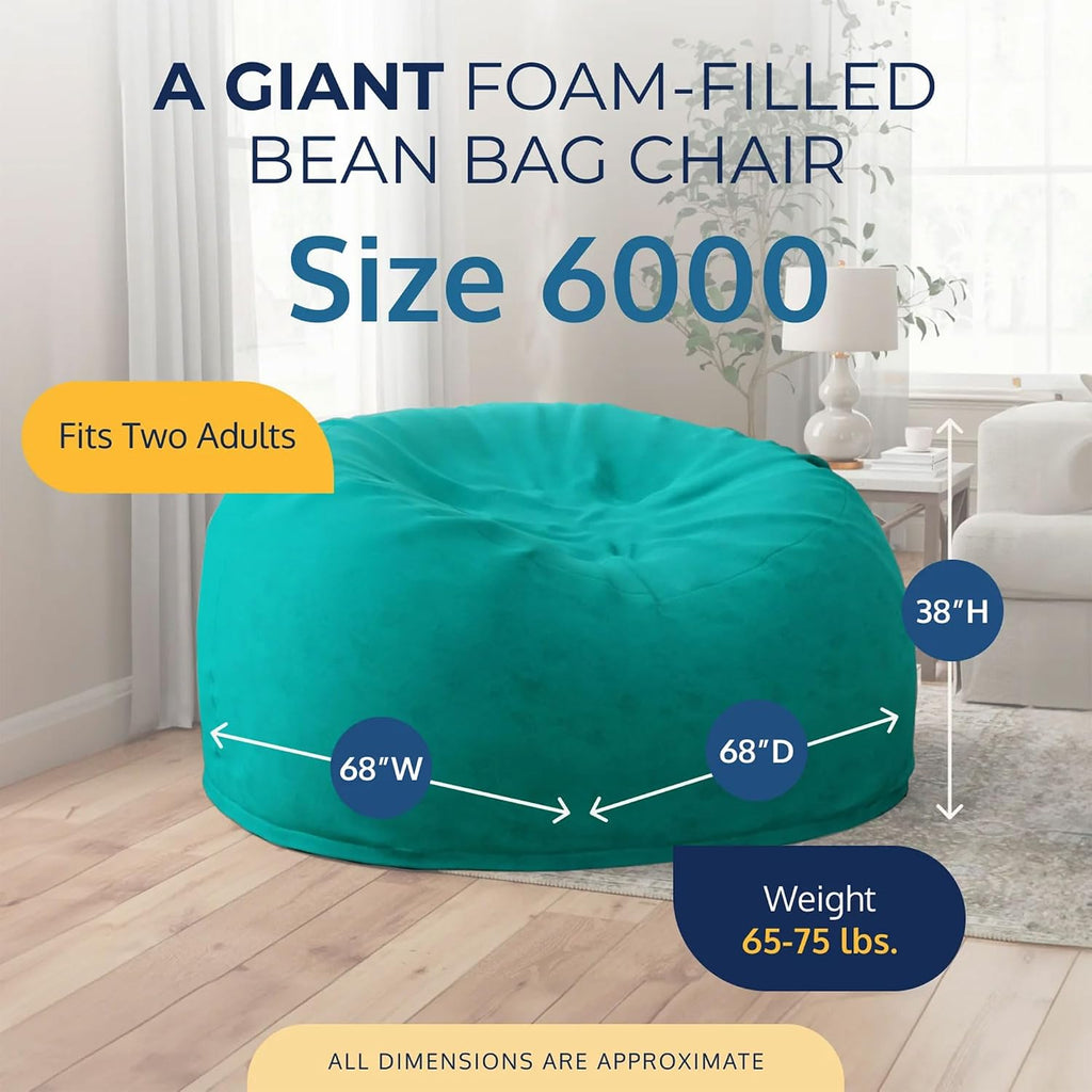 Ultimate Sack 6000 6-Foot Bean Bag Chair with Footstool, Teal Suede Cover – Oversized Foam Lounger, Floor Seat, Small Sofa, or Couch Bed for Living Area, Gaming Room, or Reading Lounge